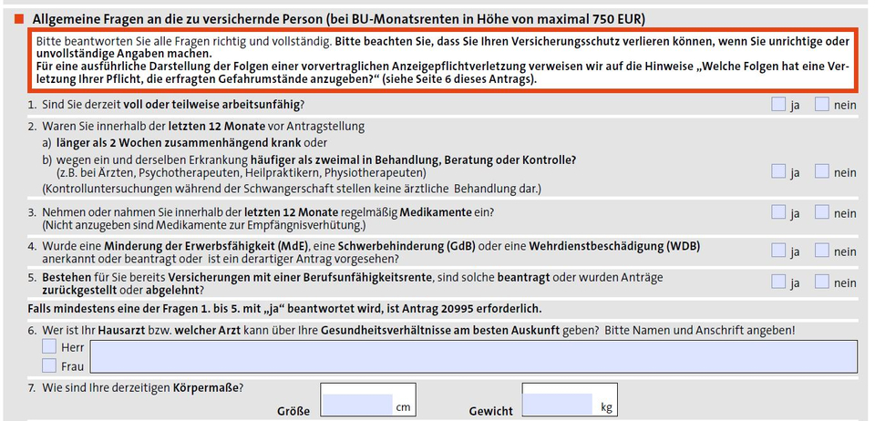 Gesundheitsfragen der Württembergischen BU für Bonuskunden